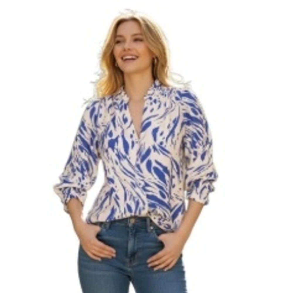 Parisian Abstract Print V-Neck Blouse Blue White Cotton Womens‎ S NWT J&H Paris